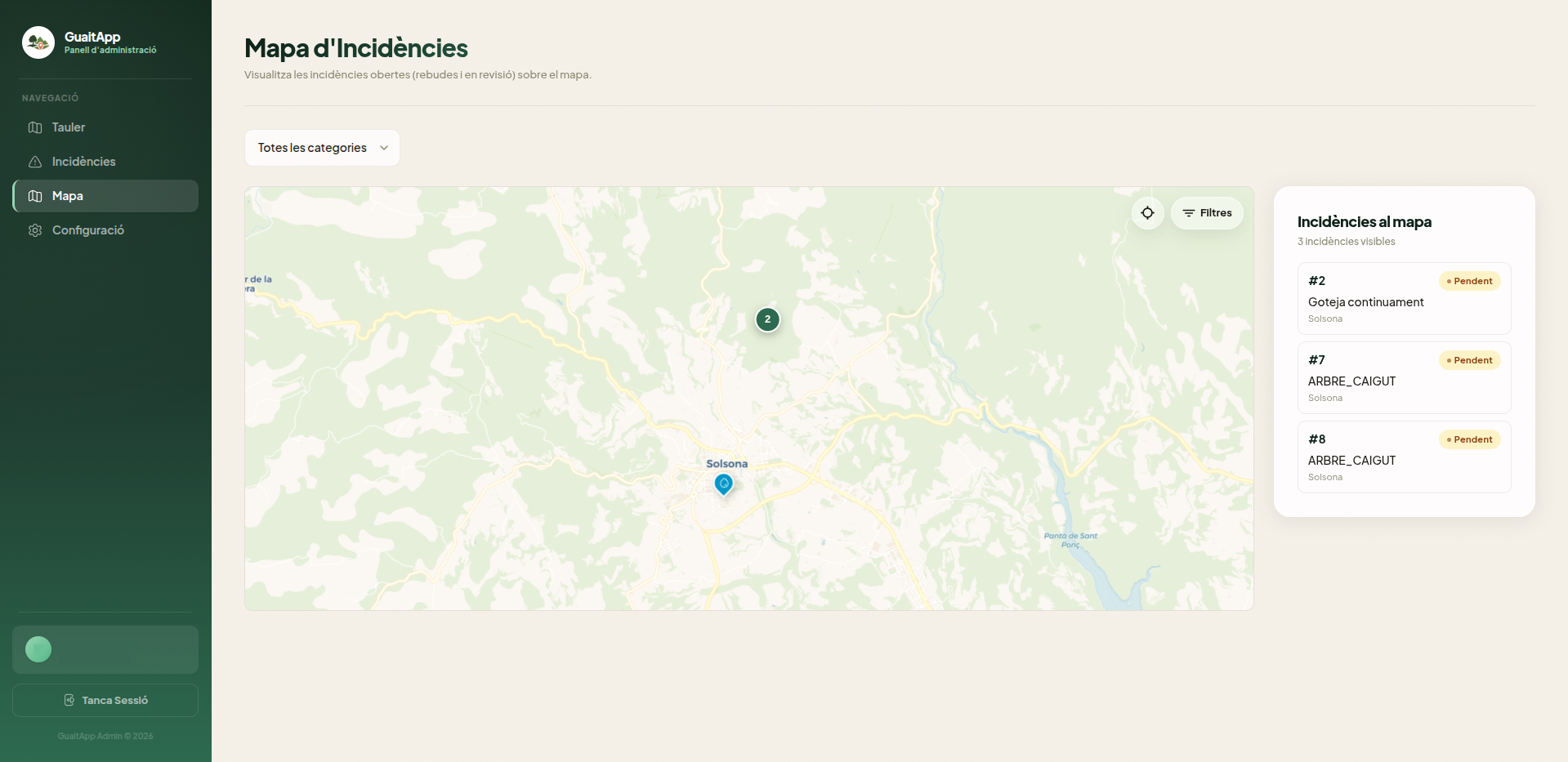 Mapa interactiu d’incidències al panell d’administració